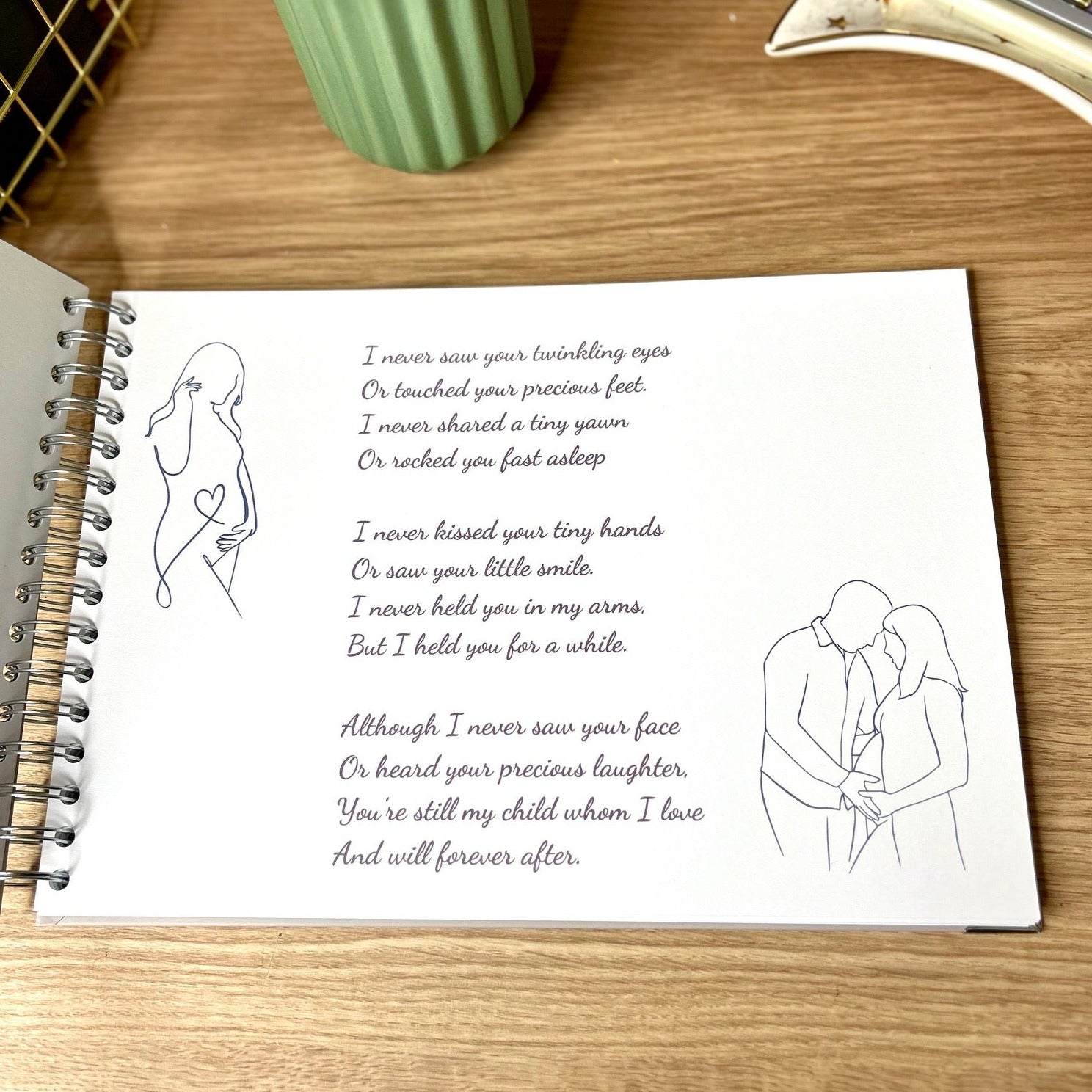 A poem on a page of the A4 bereavement Memory Book with an image of a woman holding her pregnant belly 