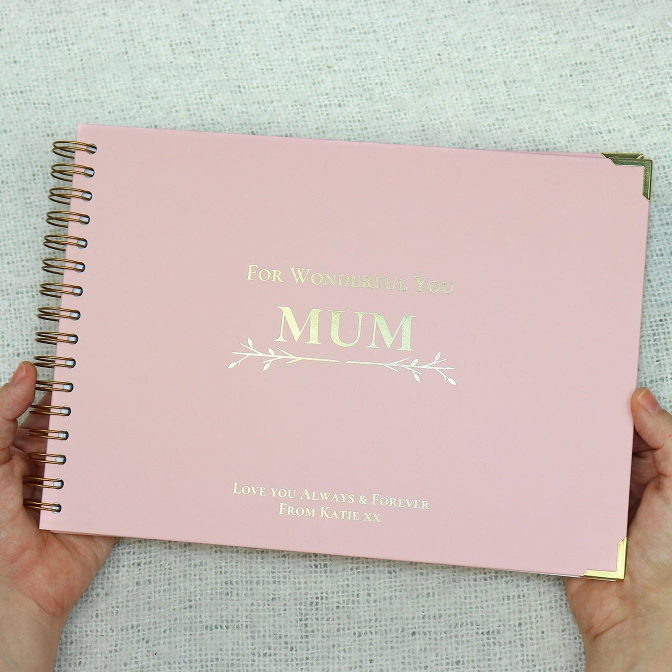 An A 4 powder PinkMmemory book with the words 'For Wonderful You Mum' in the centre in gold foil