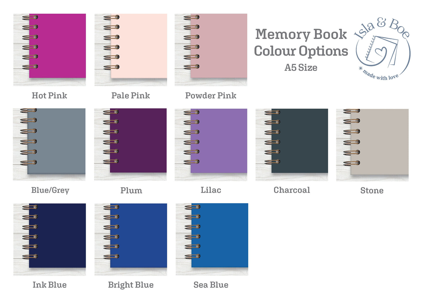 A colour swatch of the memory book colour options. Hot Pink, Pale pink, powder pink, blue/grey, Plum, Lilac, charcoal, stone, sea blue