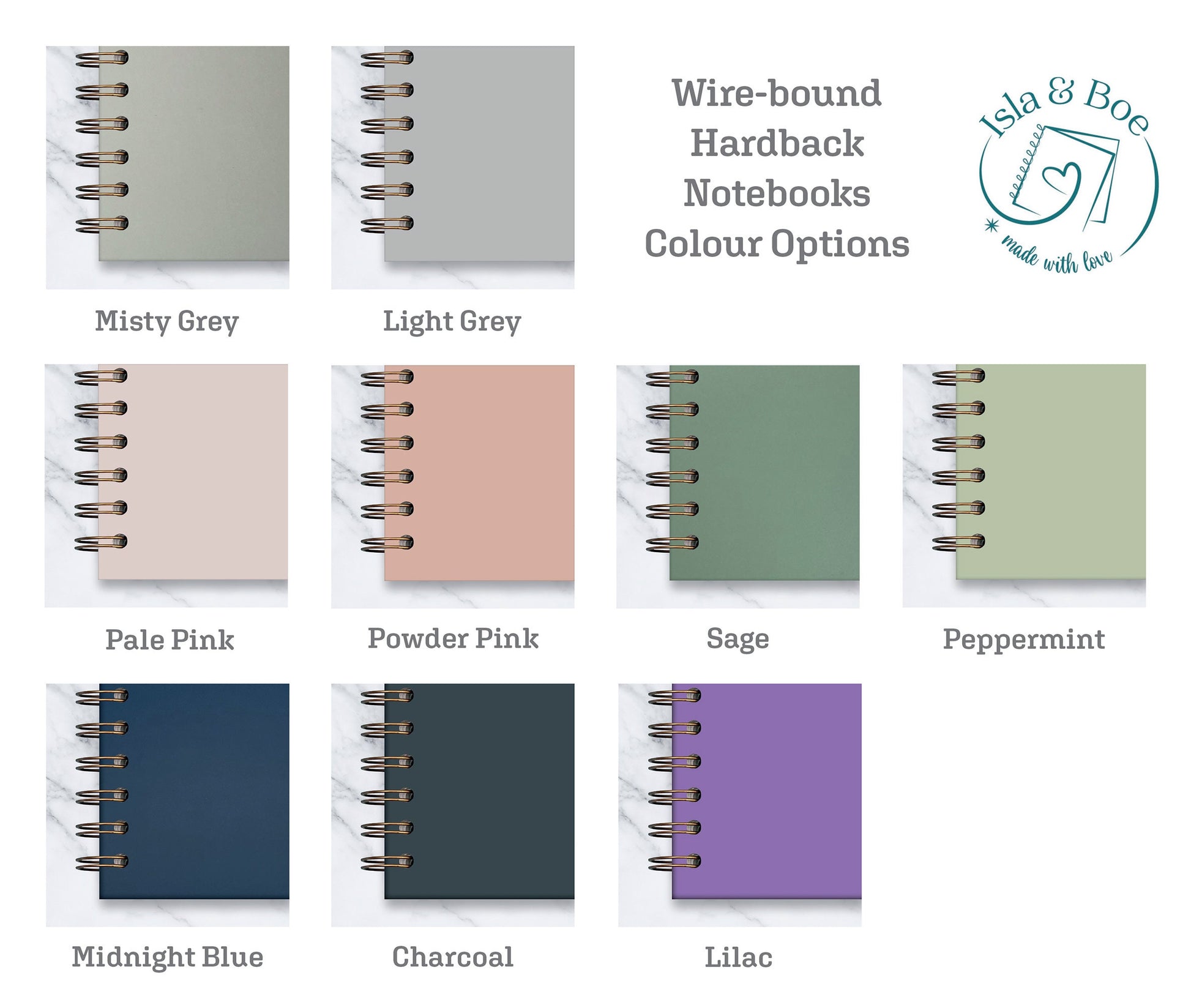 Wireback Notebook colour option swatch. There is Light Grey, Misty Grey, Pale pink, Powder Pink, Sage, Peppermint, Midnight Blue, Charcoal and Lilac.
