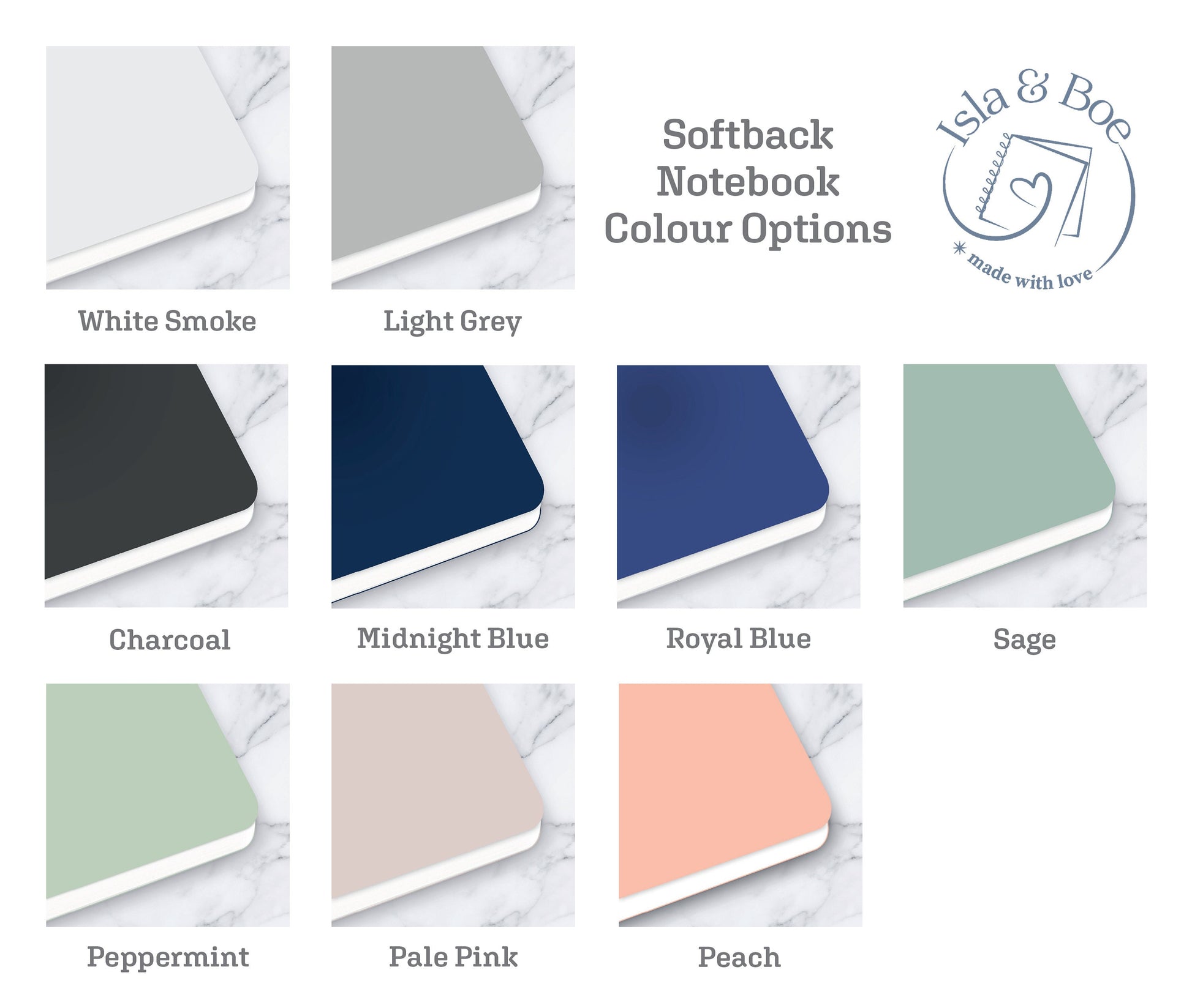 A colour swatch of softback notebook colour options. Ther e is Light Grey, Charcoal, Midnight blue, Sage, Peppermint, Pale Pink and soft peach