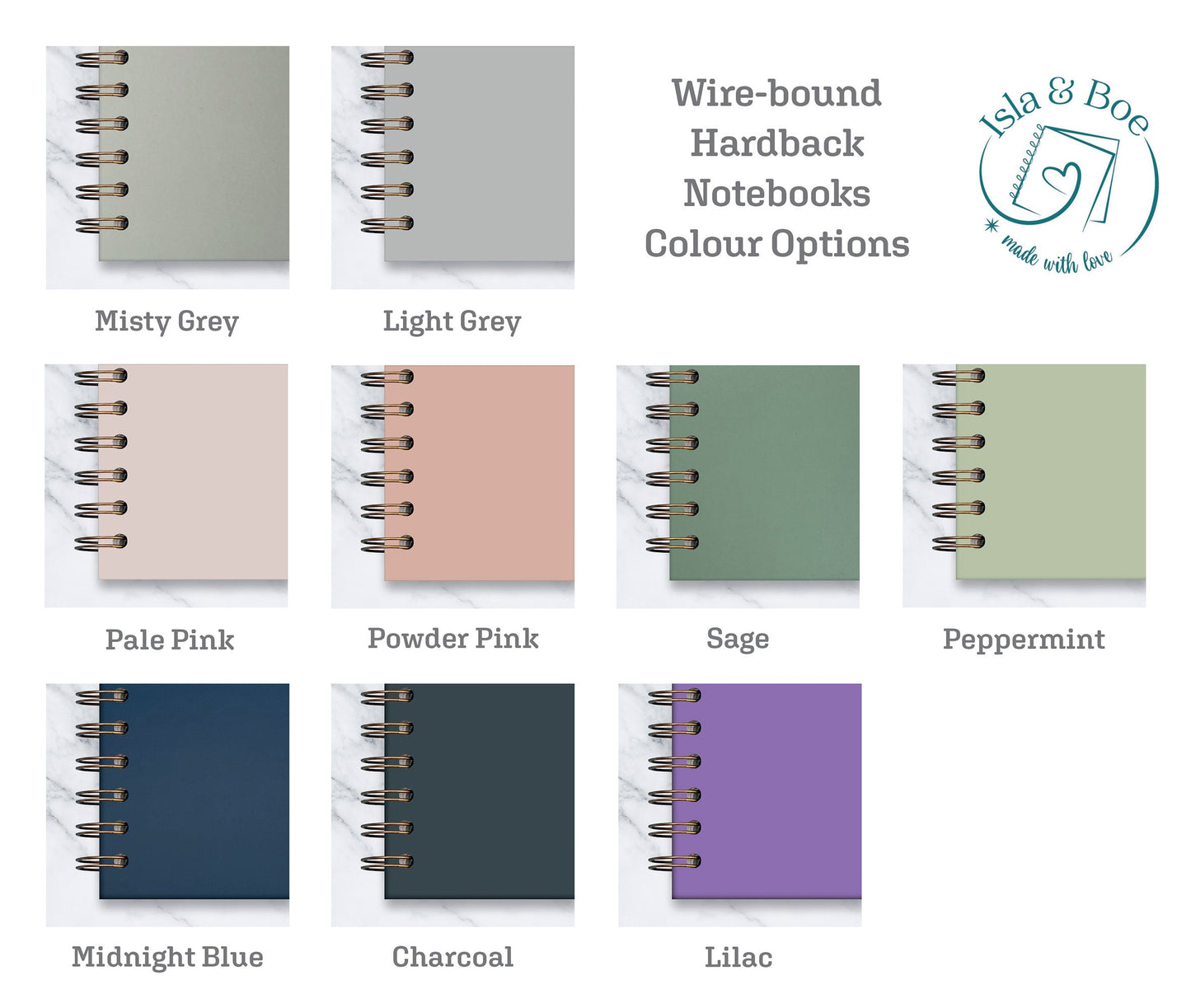 Colour swatch for the hardback notebook options. Misty Grey, Light Grey, Pale Pink, Powder Pink, Sage, Peppermint, Midnight Blue, Charcoal and Lilac
