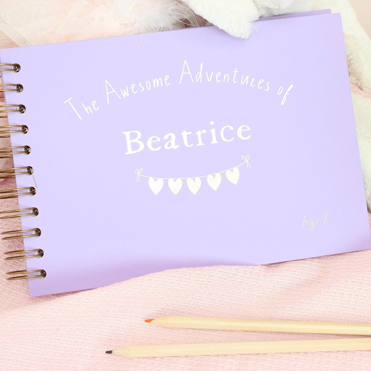 An A5 landscape lilac book in hardback that says 'The aewsime adventures of beatrice' with heart bunting below the name all in silver foil