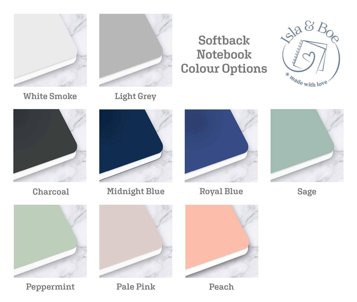Softback notebook colour swatches, White smoke, Light Grey, Charcoal, Midnight Blue, Sage, Peppermint, Pale Pink, Soft peach