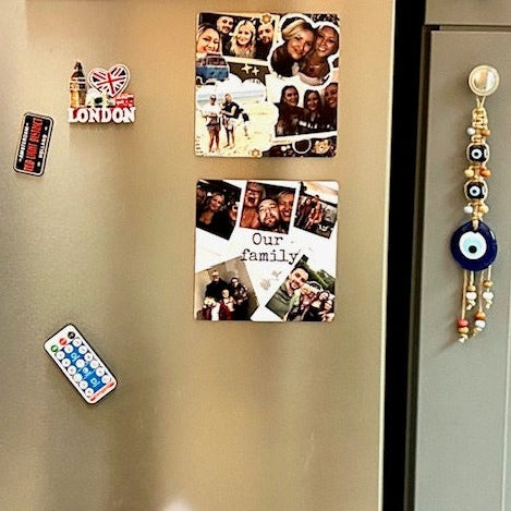 An image of a fridge door with the 6x6 inch metal square magnets attached