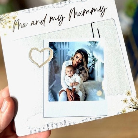A 6x6 metal square print with a picture of a mum holding her infant son on her lap, it says 'Me and my Mummy'