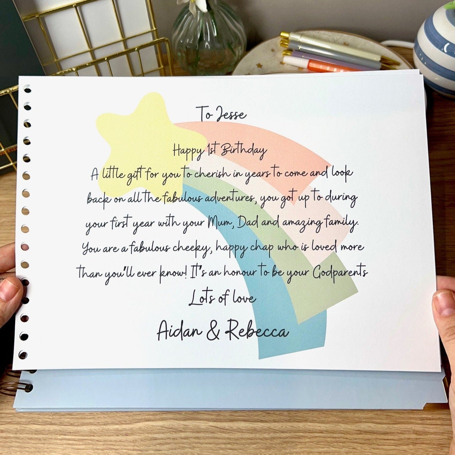 The birthday book information page for the 16th birthday in the multicoloured shooting star design