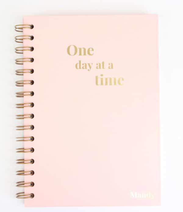 A pink A5 hard back wirebound notebook on pink with bronze wiring. The words 'One day at a time' are foiled in gold on the front